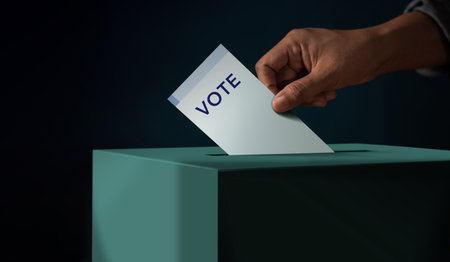 Election Concept. Person Dropping a Ballot Card into the Vote Box. Dark toneの写真素材