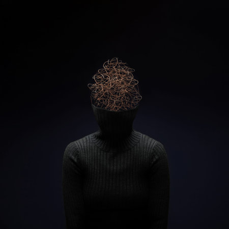 Depressed Person. Mind, Mental Health Concepts. Negative Mindset, Messy Copper Wire Head, Stressed, Anxietyの写真素材