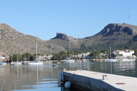 Boats and yachts in the bay View of the bay of Port Pollensa. Balearic islands. Spain.の写真素材