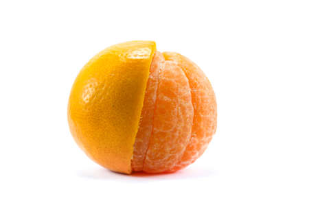 Citrus tangerine orange fruit half peel isolated on white backgroundの写真素材