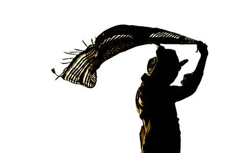 Silhouette of human  holding flowing scarf over head isolated in whiteの写真素材