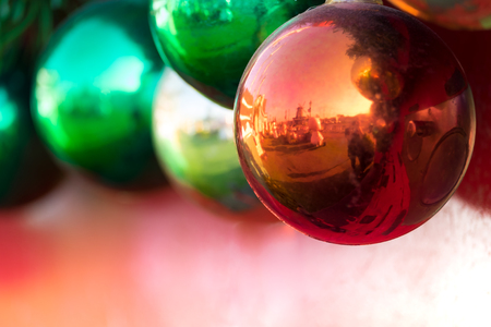 Christmas colorful ball decorate on pine tree copy space blur background for Xmas New Year festival.の写真素材