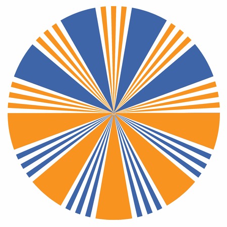 Orange and blue sunburst design element of arrow icon. Abstract circular geometric shape with the radial line isolated on white background. Sun rays Vector illustration.のイラスト素材