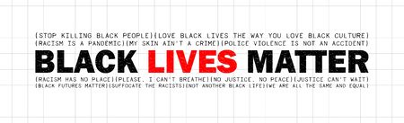 Black Lives Matter grunge rubber stamp on black background. Inspirational quote for motivational racism has no place and Police violence. I can't breathe.のイラスト素材