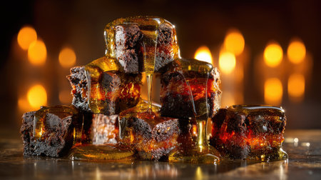 A stunning arrangement of gourmet dessert treats drizzled with caramel, set against a warm, glowing background. This delectable image highlights rich textures and enticing colors, perfect for food enthusiasts.の素材