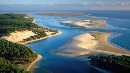 Discover the breathtaking aerial view of a tranquil tropical island with winding rivers, soft sandy dunes, and lush greenery under a clear blue sky.の素材