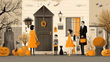 A vibrant Halloween scene featuring children in costumes gathering on a porch surrounded by pumpkins, decorations, and the essence of autumn festivities.の素材