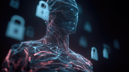 A striking digital human representation standing in a virtual space, surrounded by security symbols and lock icons, illustrating themes of data protection and technological innovation.の素材
