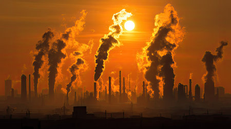 A stunning sunset casts a golden hue over an industrial landscape filled with smoke and emissions, showcasing the contrast between nature and human activity.の素材
