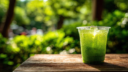 A vibrant green drink in a plastic cup rests on a wooden table, surrounded by lush greenery. The condensation creates a refreshing feel, perfect for a warm day.の素材