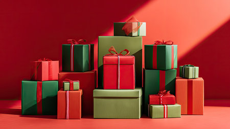 Vibrant red and green gifts arranged together create a festive atmosphere perfect for holiday celebrations. Ideal for seasonal promotions and cheerful designs.の素材