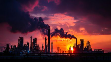 A stunning sunset illuminates an industrial complex, casting silhouettes against a smoky sky. This dramatic scene highlights the contrast of nature and industry.の素材