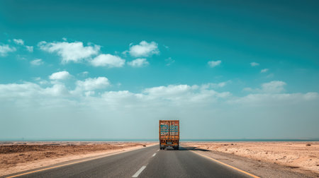 A solitary truck travels along an empty desert highway, showcasing a vast landscape against a bright blue sky adorned with soft clouds, evoking feelings of adventure and freedom.の素材