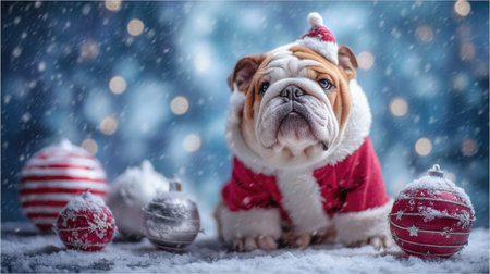 A charming bulldog dressed in a Santa outfit poses among colorful ornaments in a snowy setting, capturing the essence of joyful holiday spirit and warmth.の素材