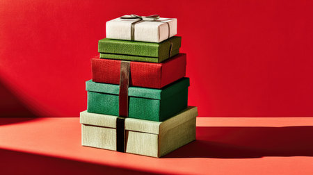 A vibrant display of stacked Christmas gift boxes in red, green, and white on a bright red background, creating a festive and cheerful holiday atmosphere.の素材