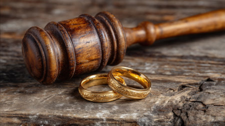 A striking image featuring a gavel and two wedding rings on a rustic wooden surface, portraying the intersection of love, commitment, and justice.の素材