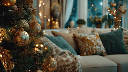 This cozy living room showcases a beautifully decorated Christmas tree, adorned with golden ornaments and twinkling lights, creating a warm and festive atmosphere perfect for holiday gatherings.の素材