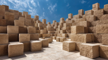 This image showcases a captivating architectural installation featuring a series of cube shapes stacked harmoniously in a natural outdoor setting under a clear blue sky.の素材
