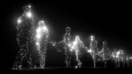 An abstract representation of silhouettes of people connected by bright light strings, symbolizing unity and connection in a digital world. Perfect for creative projects.の素材