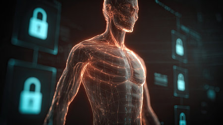 This image showcases a futuristic human anatomy model highlighted with a glowing digital overlay, symbolizing data security and modern technology concepts.の素材