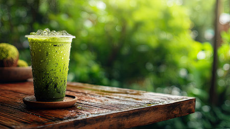 A refreshing green beverage rests on a wooden table in a lush garden, showcasing droplets of water for a serene and healthy vibe amidst nature's beauty.の素材