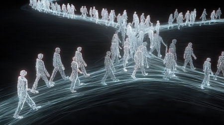 This digital artwork showcases abstract neon figures walking along illuminated pathways, symbolizing movement and connectivity in a futuristic landscape.の素材