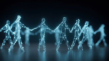 A captivating futuristic illustration of interconnected digital figures holding hands, symbolizing unity and collaboration in a technology-driven world.の素材