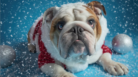 A charming bulldog dressed in a Santa suit lies peacefully against a vibrant blue background, surrounded by falling snow and shiny silver ornaments, perfect for holiday themes.の素材