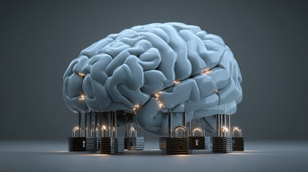 This image represents a unique concept of a brain secured with locks, symbolizing the protection of ideas and knowledge. It's an artistic expression of security and creativity.の素材