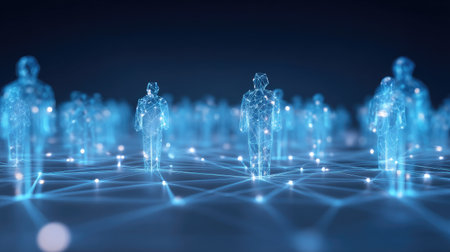 A captivating illustration of digital people interconnected by glowing data points, representing the essence of technology and virtual communication in a futuristic setting.の素材