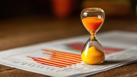 A vibrant hourglass with orange and yellow sand sits on top of business reports, symbolizing time management and productivity in a professional environment.の素材