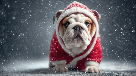 A charming bulldog dressed in a festive red outfit sits amidst falling snowflakes, capturing the spirit of Christmas and winter joy in this heartwarming scene.の素材