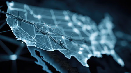 An abstract representation of a network connection superimposed on a USA map, featuring barbed wire as a symbol of security and barriers in the digital age.の素材