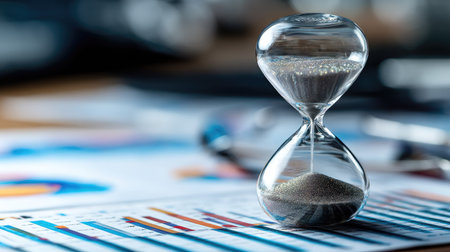An hourglass positioned on financial reports symbolizes the significance of time management in business decision-making. Ideal for themes of productivity and planning.の素材