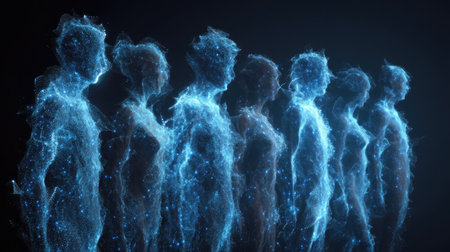 This stunning abstract digital artwork features glowing human forms, symbolizing connection and evolution within a technological universe.の素材