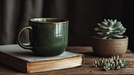 A green ceramic mug sits on an open book next to a small succulent, creating a cozy and inviting atmosphere. Ideal for home decor or lifestyle themes.の素材