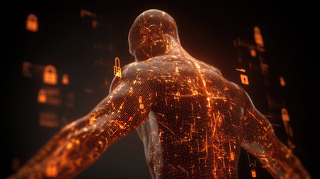 This stunning digital illustration showcases a human figure composed of intricate data patterns and glowing connections, embodying the future of technology and security.の素材