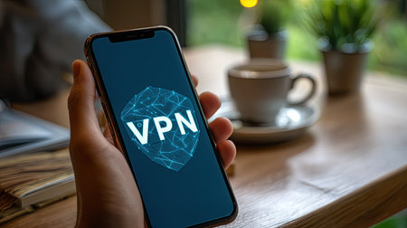 A smartphone showcasing a VPN logo on its screen is displayed on a table in a trendy coffee shop. A warm ambiance highlights the importance of online security.の素材