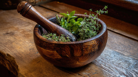 A beautifully crafted wooden bowl filled with fresh herbs and a pestle rests on a rustic wooden surface, showcasing an inviting atmosphere perfect for culinary inspiration.の素材