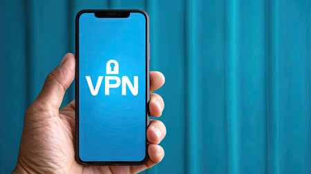 A hand holds a smartphone displaying a VPN app against a blue background. The image represents digital security and online privacy for users.の素材