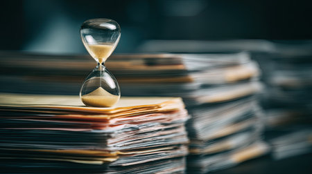 An hourglass sits atop a chaotic stack of paperwork, symbolizing the crucial relationship between time management and efficient workflow in a busy office environment.の素材