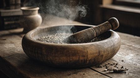 Discover a rustic wooden mortar and pestle set against a warm kitchen backdrop. Perfect for food preparation and a touch of culinary tradition.の素材