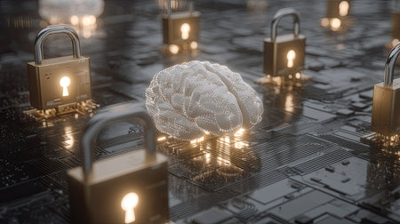 This digital artwork represents a brain surrounded by padlocks on a circuit board, symbolizing security and data protection in technology and artificial intelligence.の素材