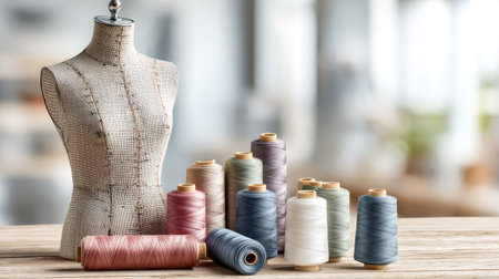 A serene sewing studio featuring a variety of spools of thread beside a dress form. This image captures the essence of creativity and craftsmanship in tailoring.の素材