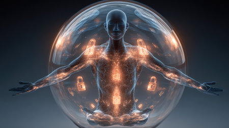A serene human figure is encased in a glowing sphere, representing security and tranquility. Light patterns and lock symbols reflect themes of protection and wellness in a digital world.の素材