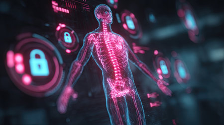 A futuristic representation of human anatomy integrated with cybersecurity elements, showcasing a blend of health, technology, and digital art in a compelling way.の素材