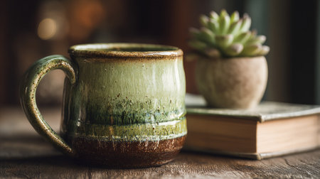 This image features a cozy ceramic mug beside a succulent plant and a book, set on a rustic wooden table. The warm tones create an inviting atmosphere perfect for relaxation.の素材