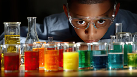A young scientist intently observes a variety of colorful chemical solutions in glassware, showcasing curiosity and excitement for science and experimentation.の素材