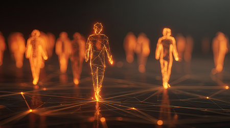 This image depicts abstract human figures created from glowing lines, representing technology and connectivity in a futuristic environment. Perfect for digital art concepts.の素材
