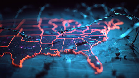 This image features a digital map of the southeastern United States, highlighted with vibrant colors and accompanied by barbed wire elements for a striking look.の素材